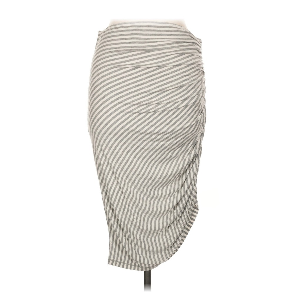 NEW M.S.S.P. Ruched Draped Skirt Women L Grey White Striped Jersey Knit Midi